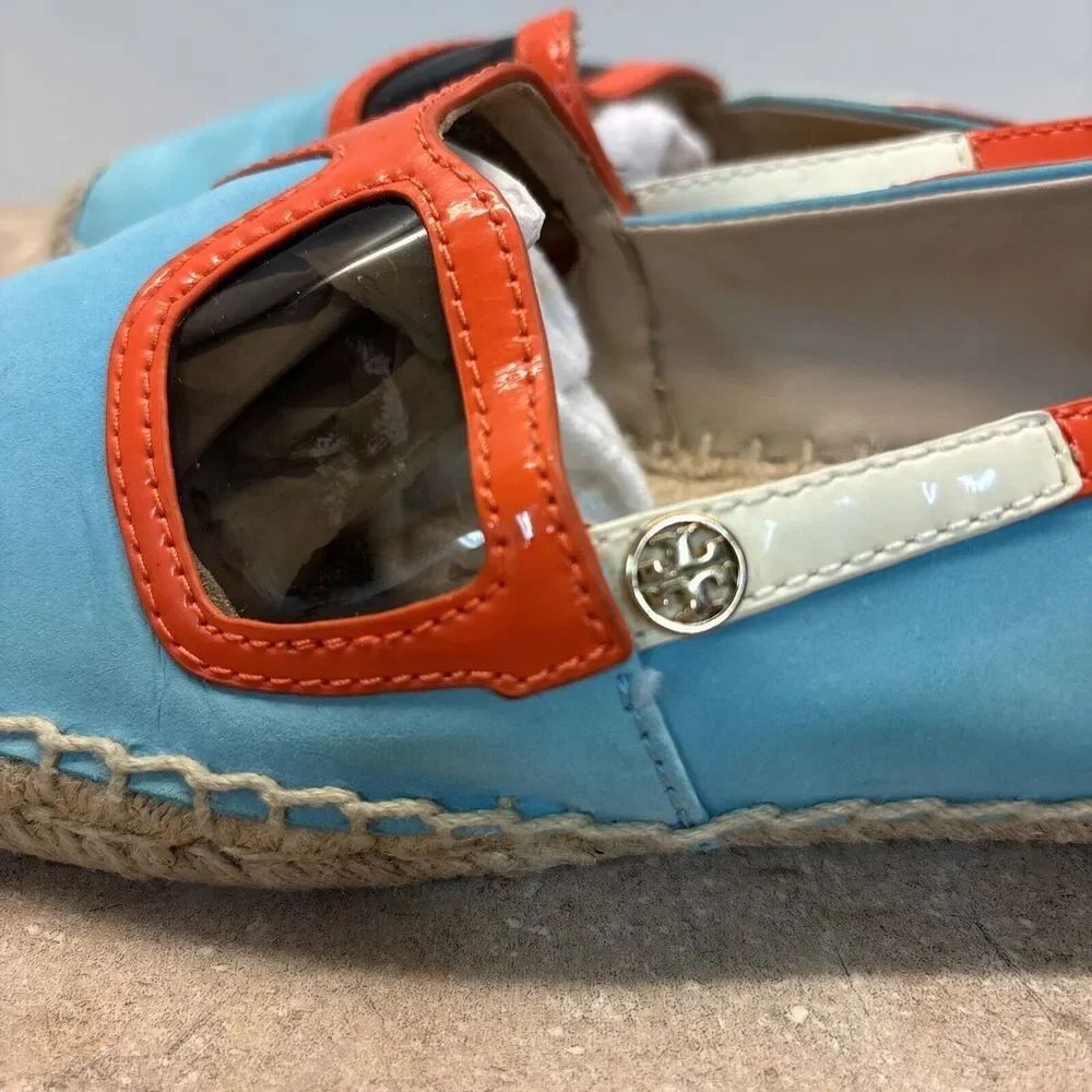 Tory Burch Sunglasses Leather Espadrille Shoes Women 8.5 Logo Leather Aqua